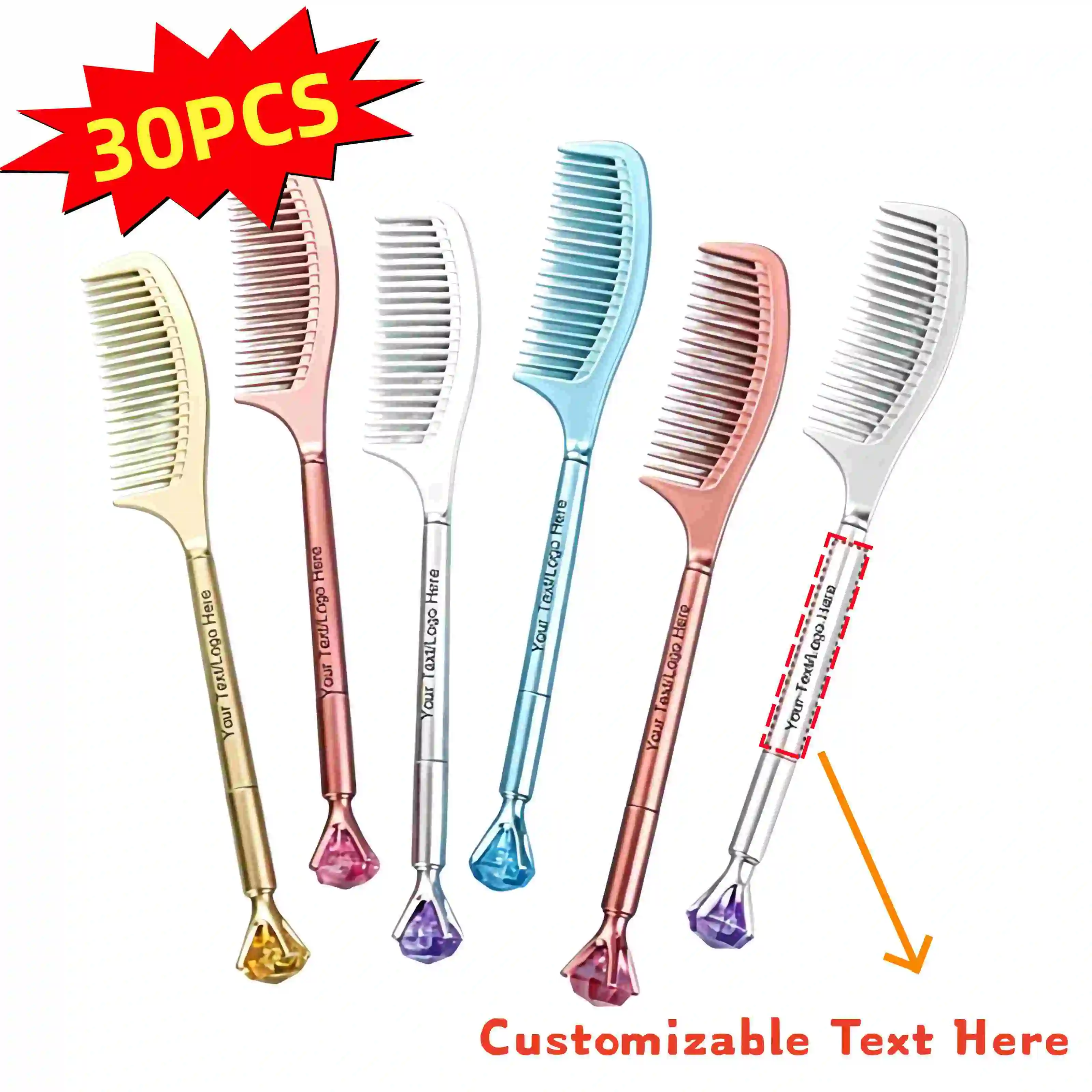 30PCS Bulk Customized Diamond comb-shaped Pens Personalized with Logo for Company Advertising School Supplies Wedding Favors