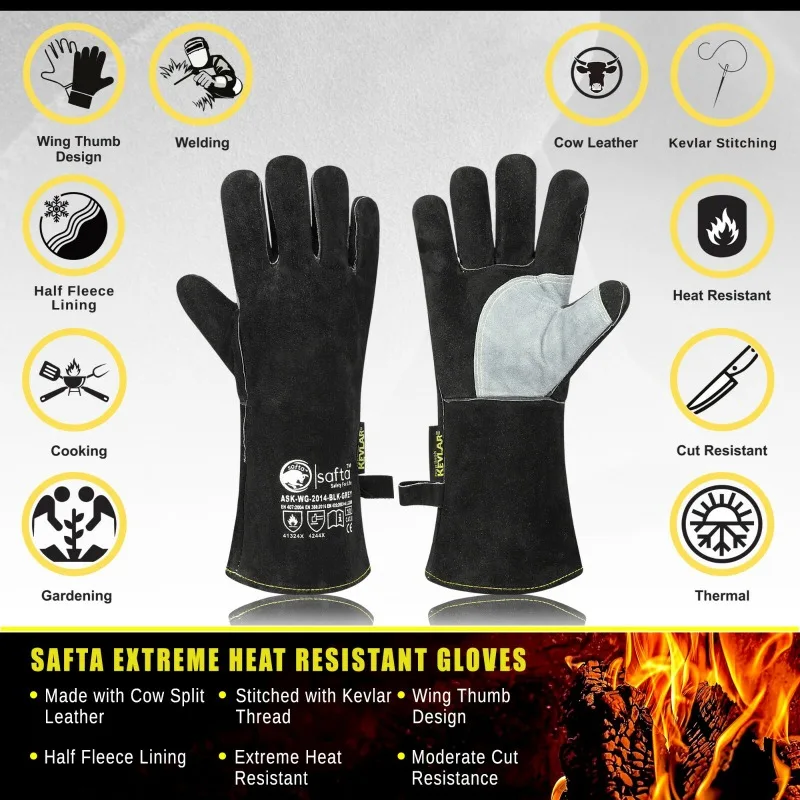 Soldadores Gauntlets Preto Extremo Resistente ao Calor BBQ TIG MIG Luvas de Soldagem 14"