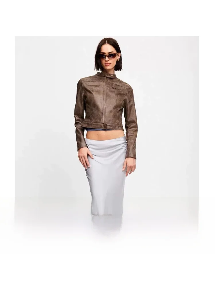 

Retro Street Sle Motorcycle Jaet Women's Slim Fit ort Leather Coat Autumn Faionable Vintage American Biker Coat