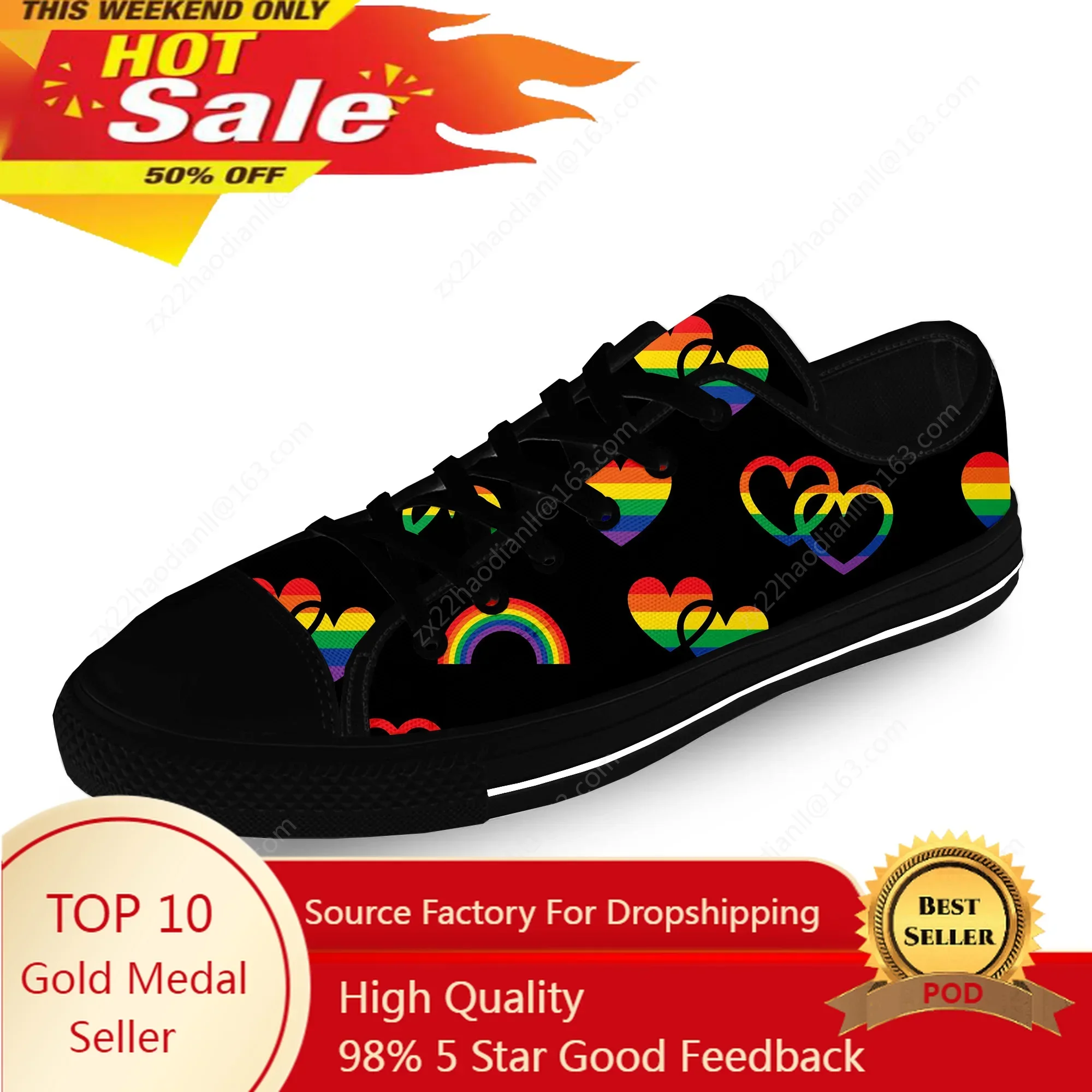 Rainbow Hearts Pattern LGBT Pride Casual Cloth Fashion 3D Print Low Top Canvas Shoes Men Women Lightweight Breathable Sneakers