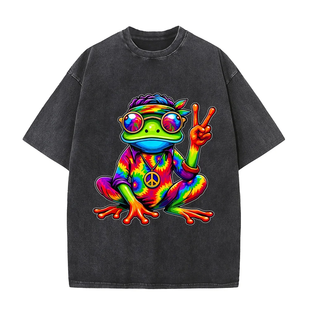 Hippie Tie-Dye Frog 70s Party & 60s Costume Peace Sign T-Shirt Tops Korean Popular Clothes Blue Printed T Shirt Summer Top