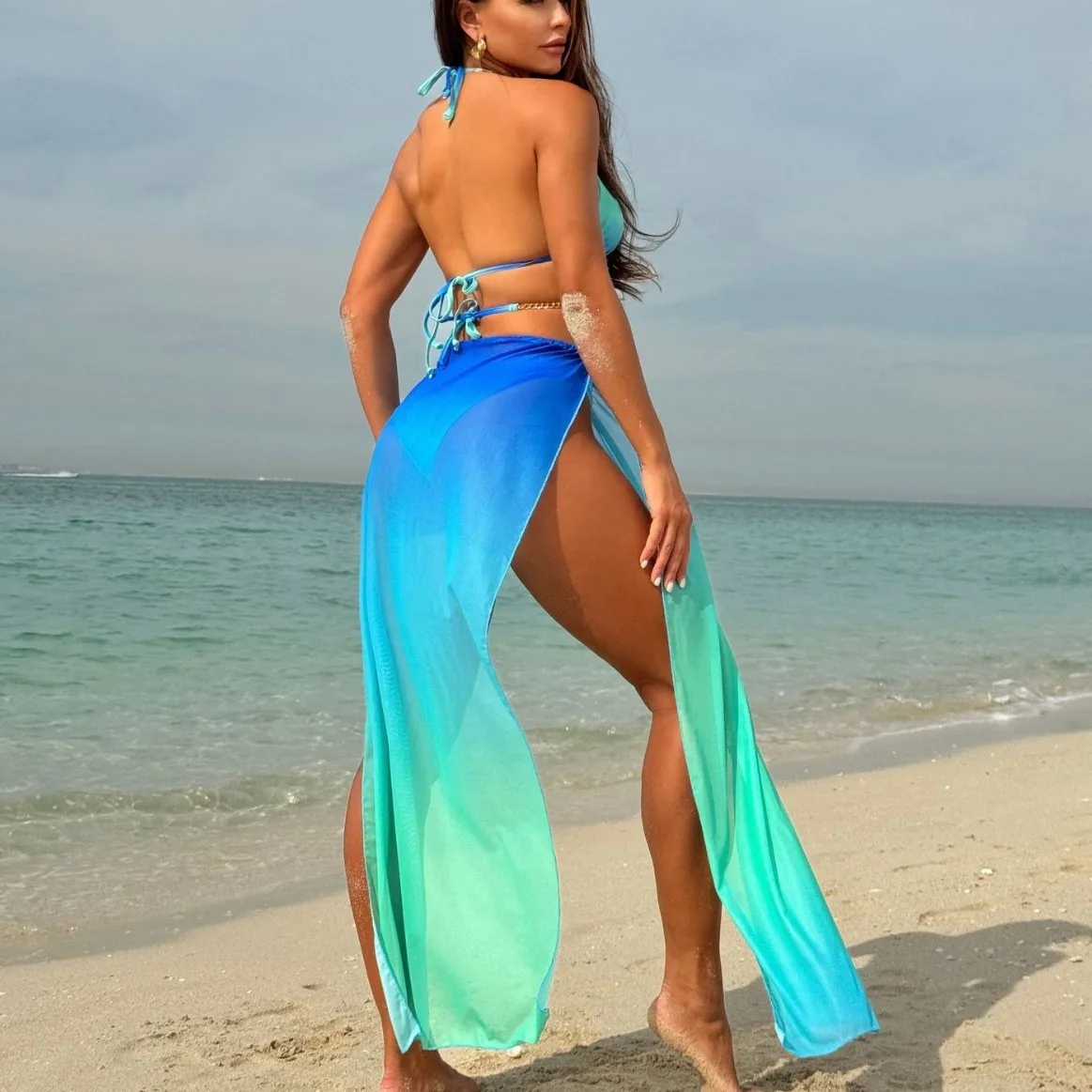 New gradual change mesh dress drawstring straps bikini bikini three-piece swimsuit