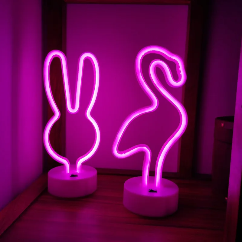 LED Neon Night Light Sign Flamingo Rabbit Table Lamp Kids Bedroom Party Birthday Holiday Christmas Art Decor Children Gift