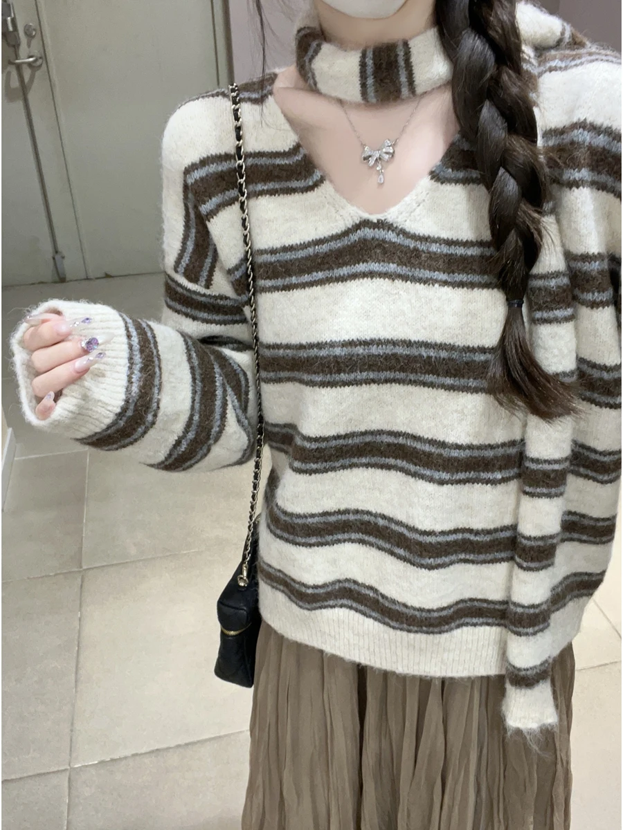 韓国 Sle ソフトルーズストライプ V ネックプルオーバーニットウェア女性の秋冬新ファイオントップ多用途ロング Sve セーター