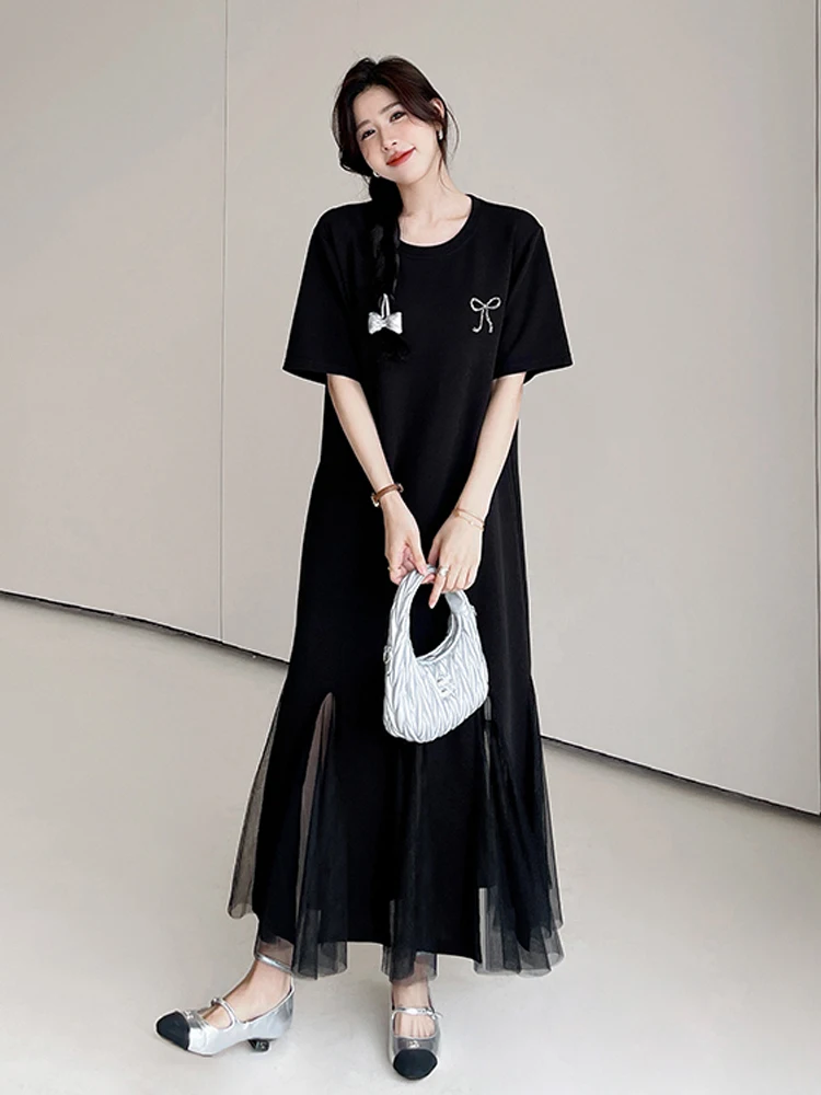 NYFS 2025 فستان نسائي كوري صيفي جديد من فيستدوس رداء Elbise فضفاض مقاس كبير بحاشية شبكية وأكمام قصيرة فساتين طويلة #4