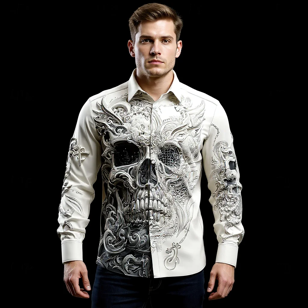 

2025 Halloween Men's Skull Skeleton Cracked Wall Shirt 3D Printed Shirt Button Up Shirt Casual Long Sleeve Shirt Street Blouse