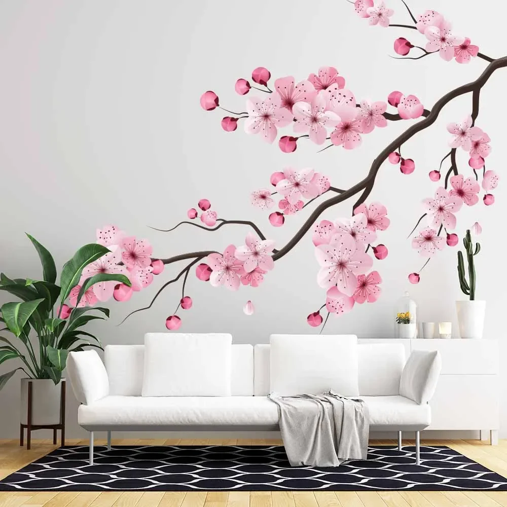 Imagem -02 - Pink Cherry Blossom Imprimir Papel de Parede Ramos e Lanternas Decoração do Quarto Casca e Vara Decoração da Família