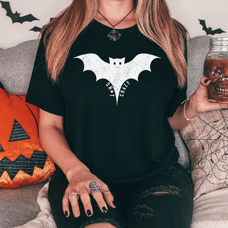 

Bat Crazy Spooky Wicca T Shirts for Women O Neck Streetwear Outfits Causal Loose Harajuku Halloween Tshirts Female Clothing Top