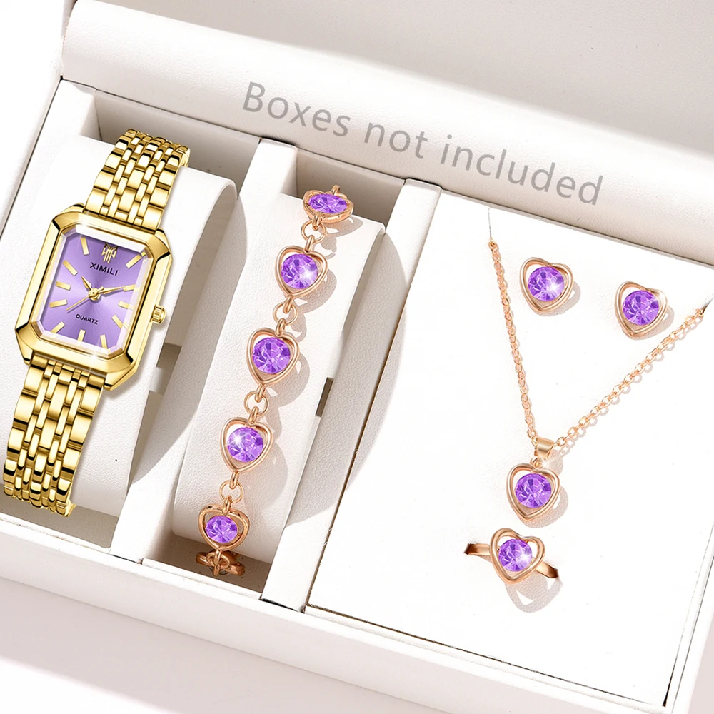 

6 шт. женские кварцевые часы модный тренд роскошные кварцевые часы с прямоугольным циферблатом браслет ожерелье кольцо серьги комплект праздничный подарок
