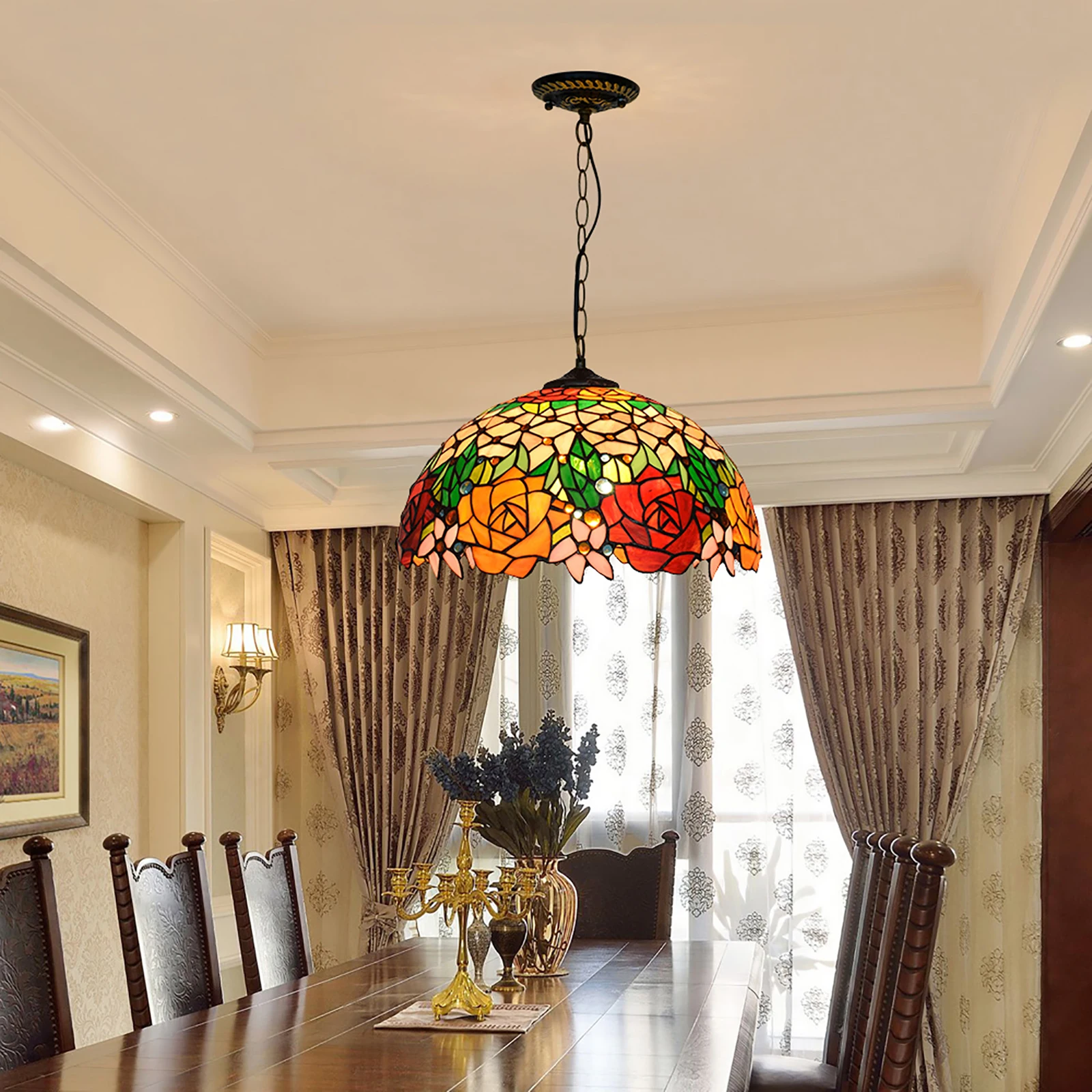 16 Inch 40cm Rose Led Fixtures for Hotel Chandelier Pendant Lamps Stained Glass Retro Baroque Tiffany Luxury Chandeliers