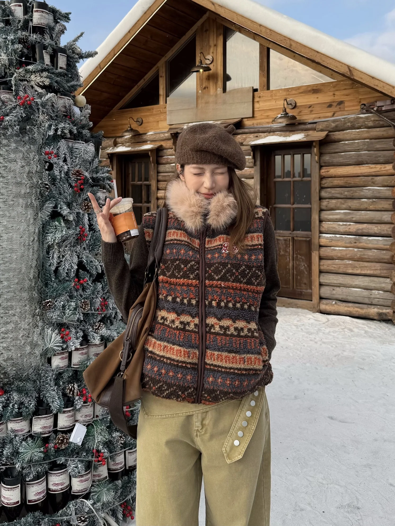 

XFX American Retro Detachable Fur Collar Fair Isle Cotton Vest Women's Autumn Winter Warm Loose Svel Street Sle Top