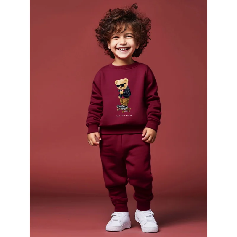 Boys round neck long sleeved hoodie set with cartoon skateboard sunglasses and Teddy Bear English letter printed versatile 2372a