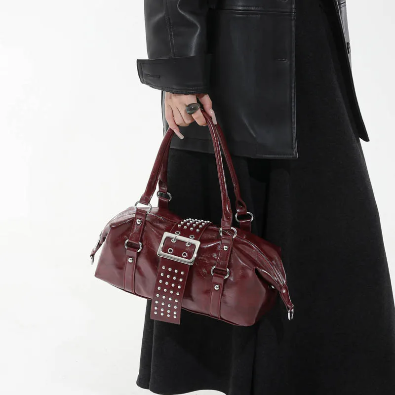 Women Y2K Bowling Handbag Retro Metal Buckle Design Shoulder Bag Vintage Faux Leather Detachable Strap Crossbody Bag for Shopper