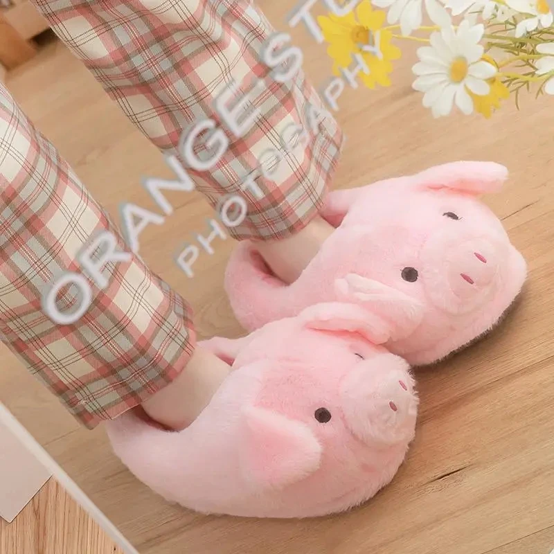 Fashion Slip On Piggy Slippers Shoes for Women Chunky Cartoon Animal Pig Cotton Shoes 2022 Autumn Winter Fluffy Slides