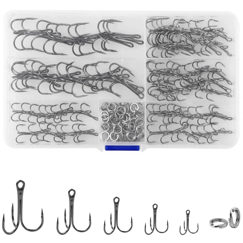 150Pcs Fishing Treble Hooks Strong Sharp Round Bend Treble Hooks High Carbon Steel Fishing Hooks with Split Rings for Lures Bait