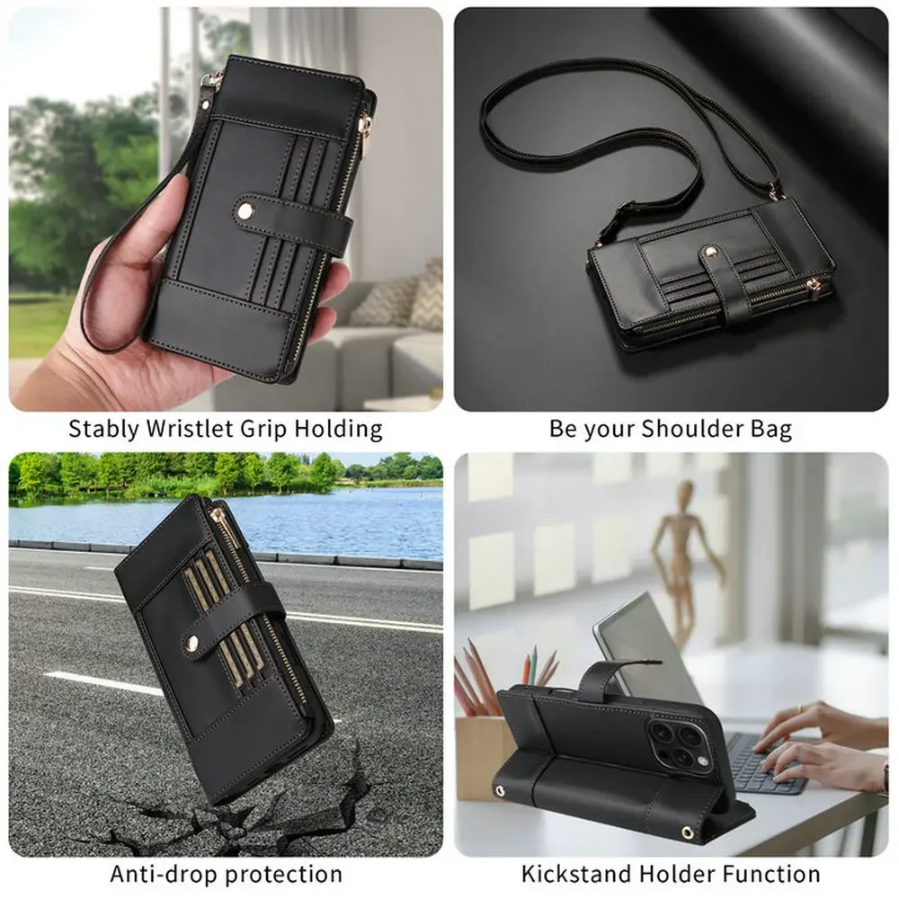 Custodia per telefono in pelle con cerniera per Samsung Galaxy A56 A36 A26 A16 A17 5G A15 A35 A55 Portafoglio per carte Solt con cinturino Cover