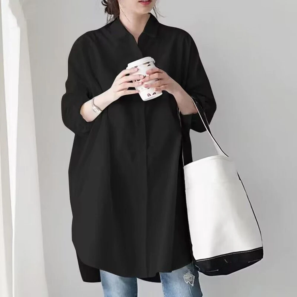 Lapel Long Sleeve Shirt Women Elegant Casual Loose Work Solid Color Oversized