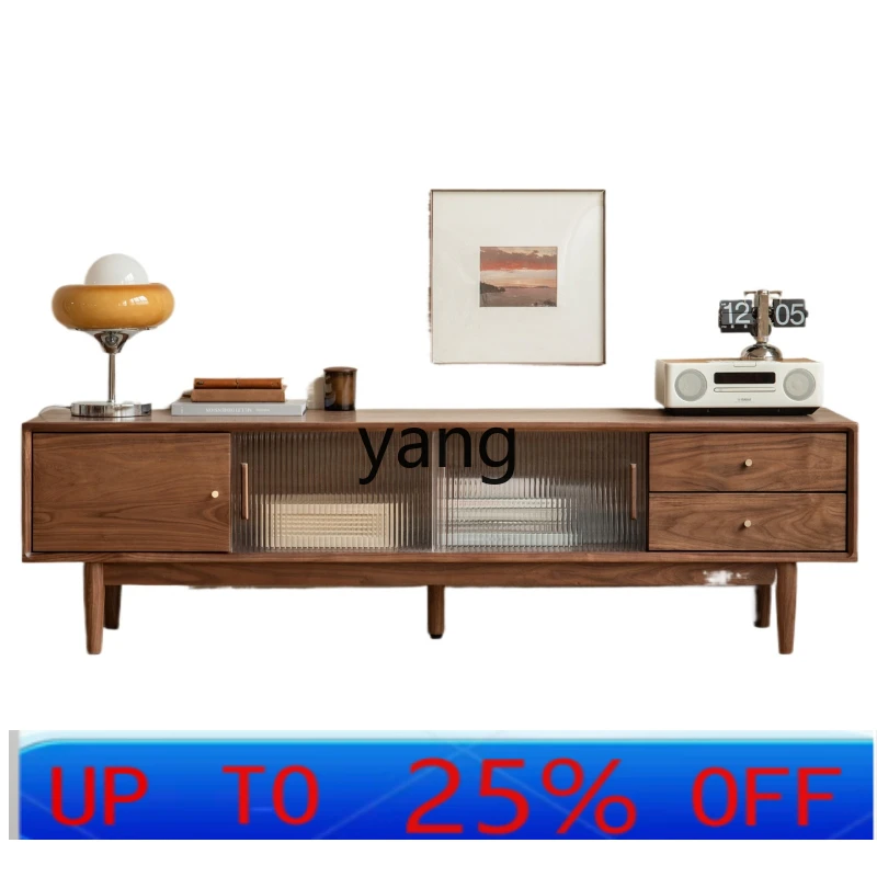 

LH solid wood rock panel TV cabinet living room floor cabinet black walnut modern simple storage