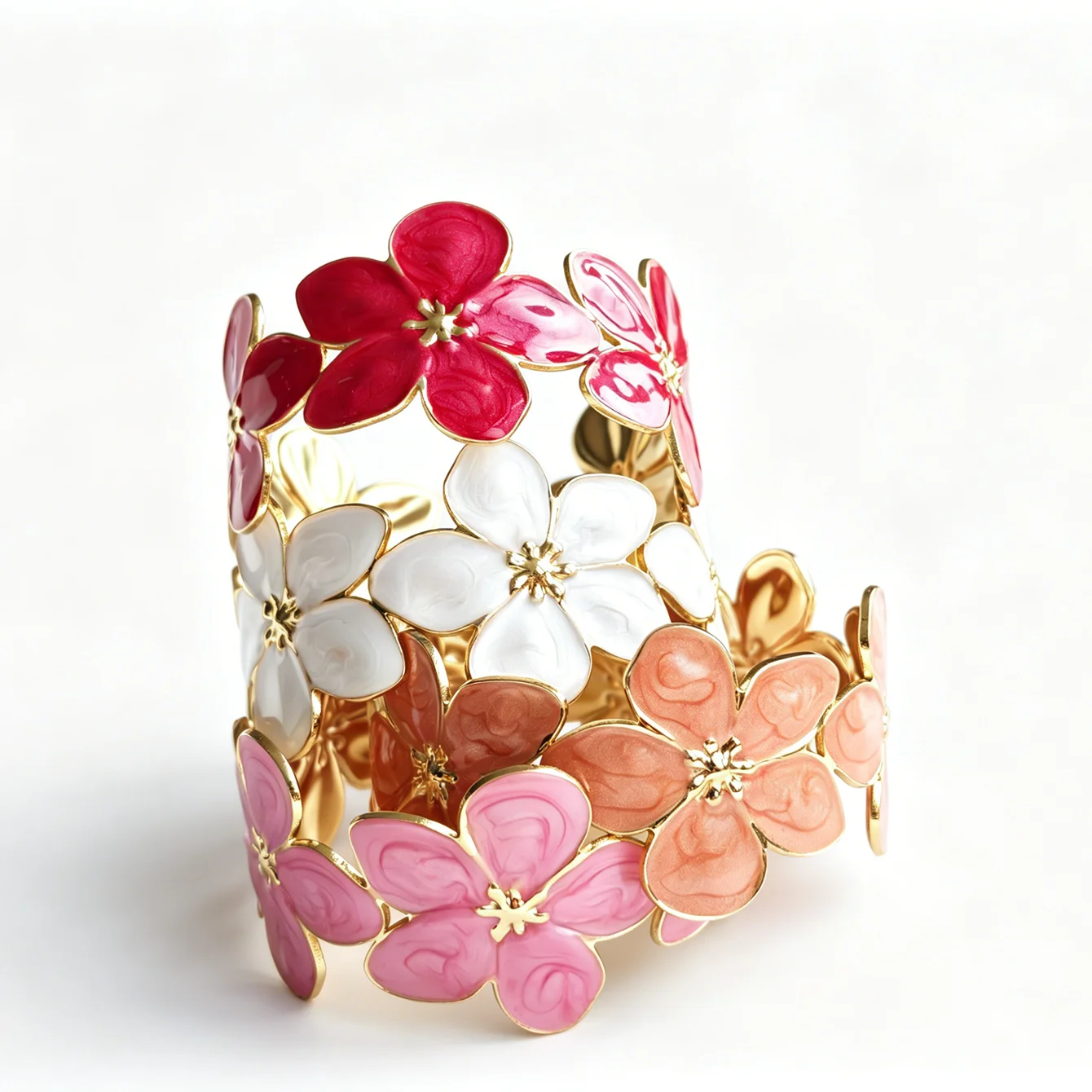 Artsy Vibrant Enamel Flower Cuff Bracelet Elegant Gold Floral Bangle Sophisticated High Street Statement Jewelry Chic Marbled