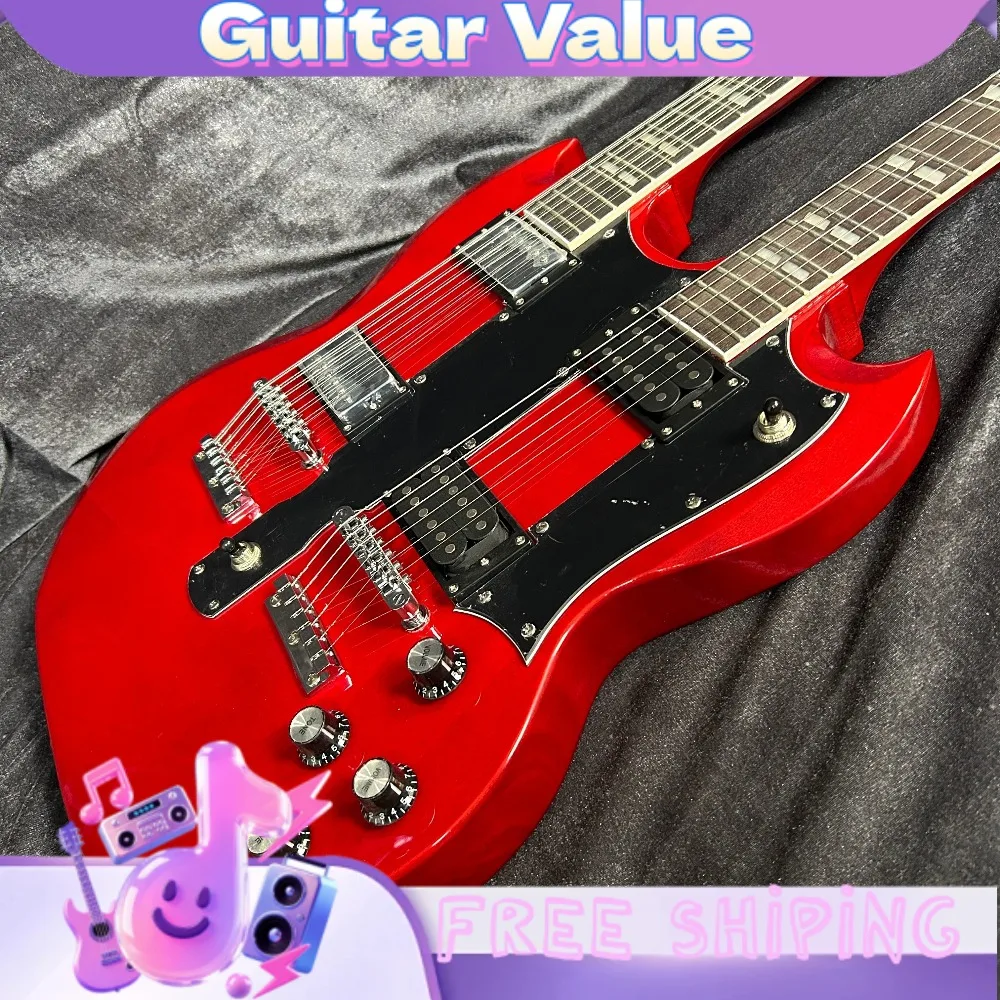 Red Double-Neck 6/12-String Electric Guitar Rock Mahogany Body  HH Pickups Double Diamond Fingerboard Inlays