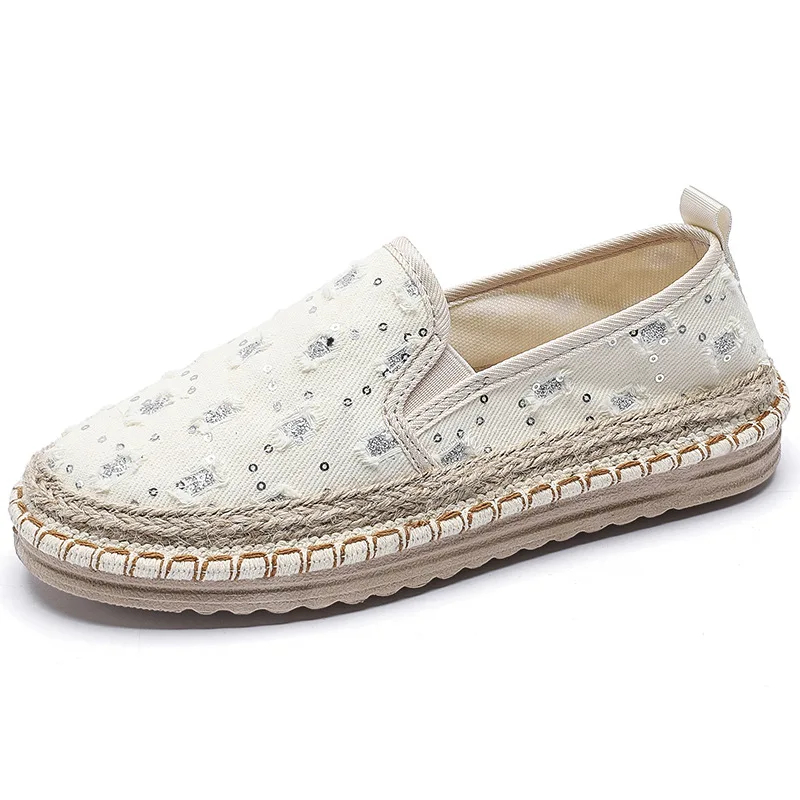 Casual Woman Shoe Espadrilles Platform Shallow Mouth Round Toe Loafers with Fur Slip-on Flax Slip on Linen Summer Microfiber