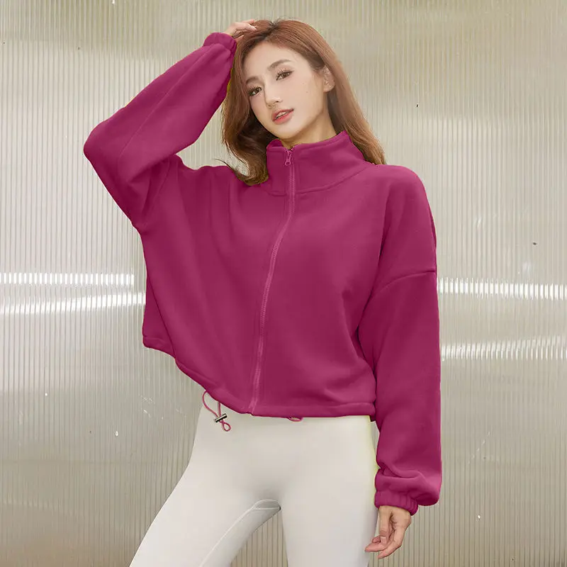 Cropped Jackets Autumn Winter Zipper Sweatshirt Long Sleeve Fleece Stand-up Collar Yoga Wear Warm Top Outdoor Coat Women Clothes