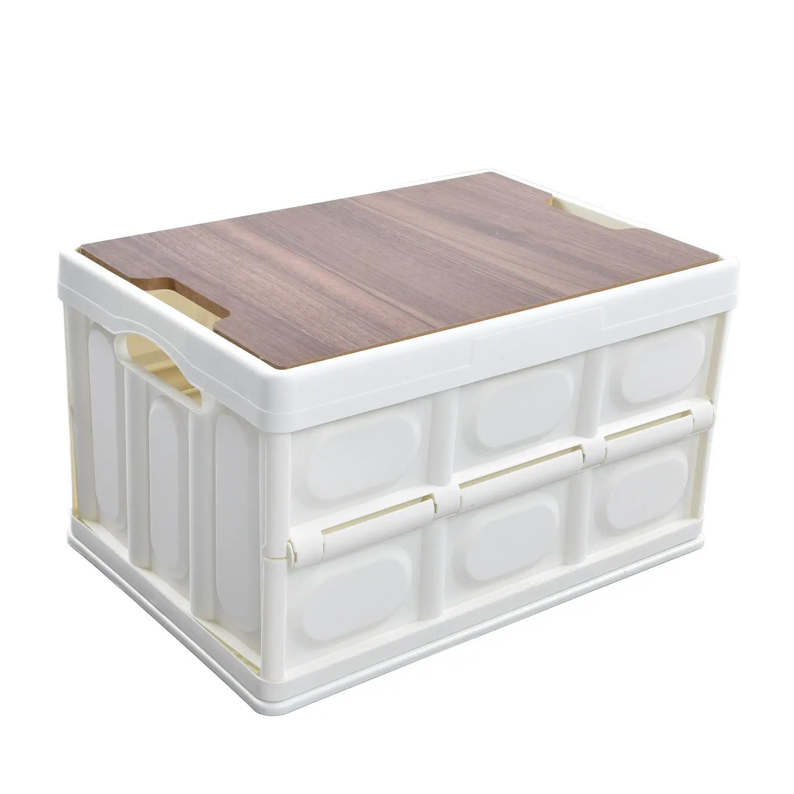 Foldable Plastic Storage Box with Wooden Lid - Waterproof Utility Crate for groceries Organization