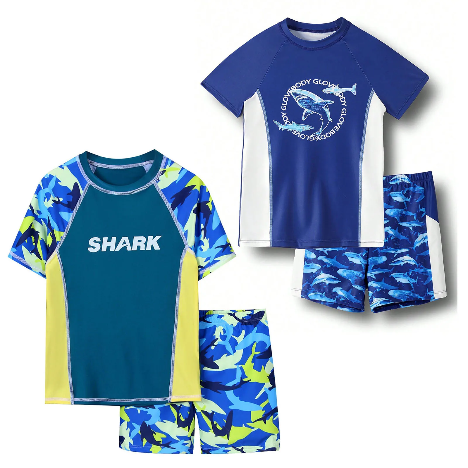 Kids Boys Quick-Drying Swimsuit Shark/Camouflage Printed Rashguard Set Swimwear Short Sleeve Top with Elastic Waistband Shorts