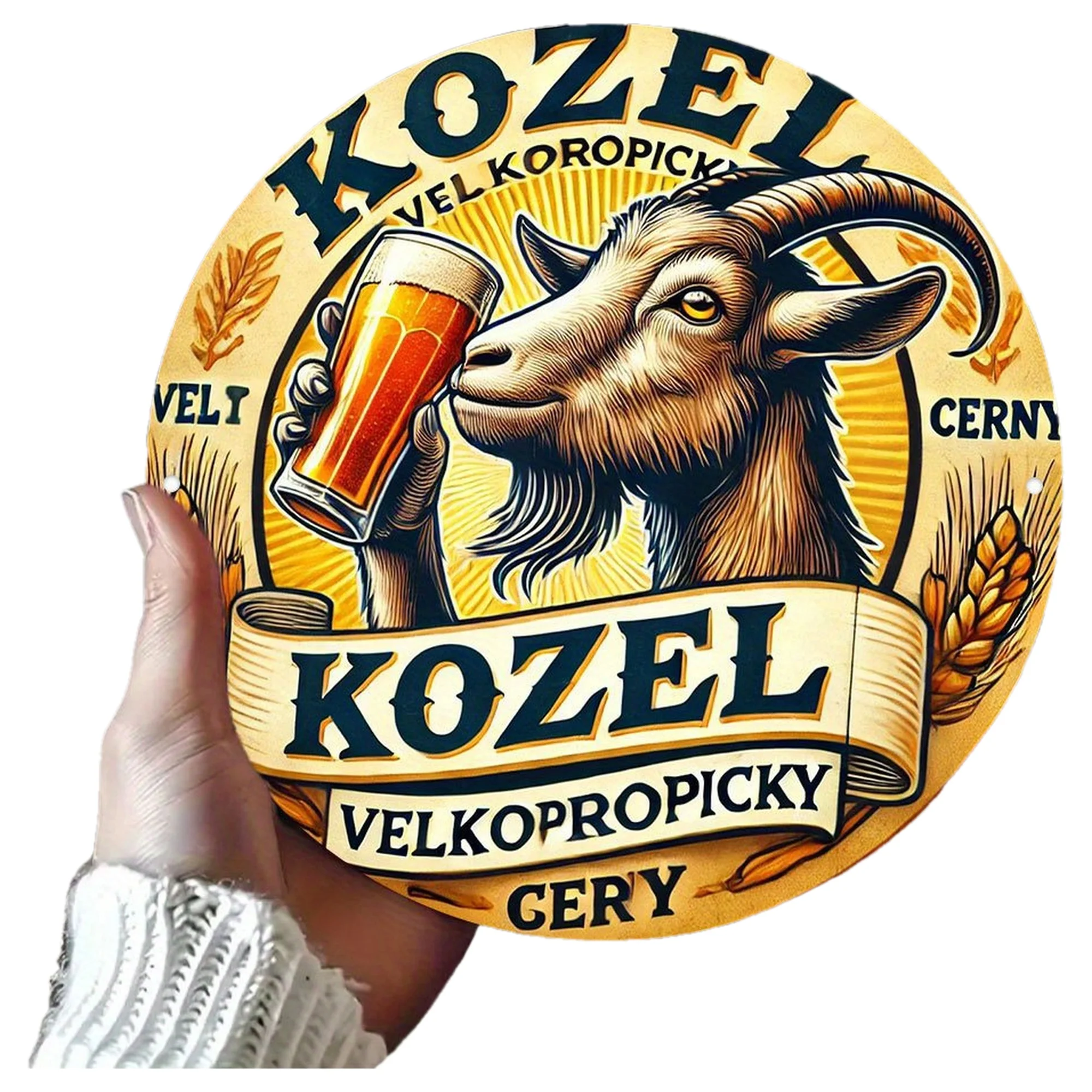 لوحة فنية جدارية معدنية مسطحة ثنائية الأبعاد من Kozel Czech Brewery Vintage Beer Logo - علامة ألومنيوم مستديرة مقاس 19.81 سم مع تصميم الماعز والبيرة، متينة #1
