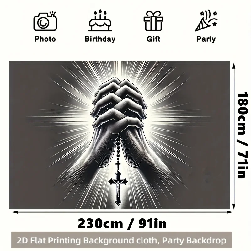 2D Flat, Praying Hands Tapestry Religious Wall Hanging Spiritual Home Decor Faith Symbol Black and White Design