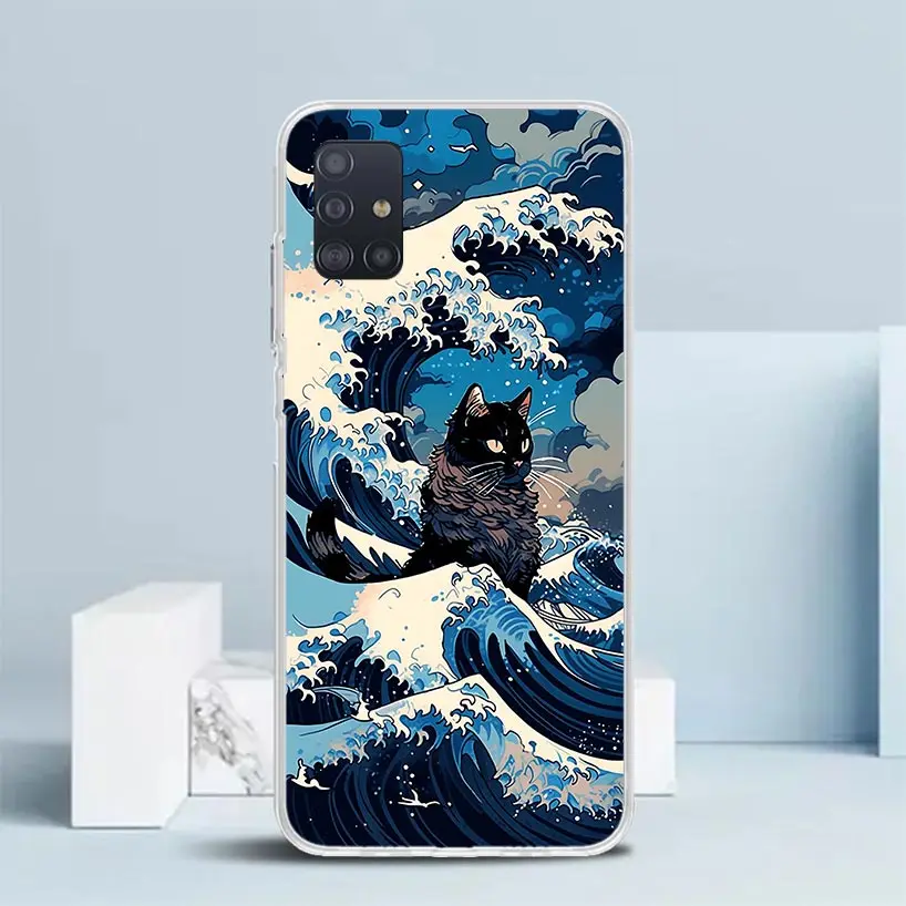 Anime Cat Sea Wave Aesthetic Phone Case For Samsung Galaxy A51 A50S A41 A40 A31 A30S A21S A20S A20E A11 A10S A71 A70 A6 A7 A8 A9