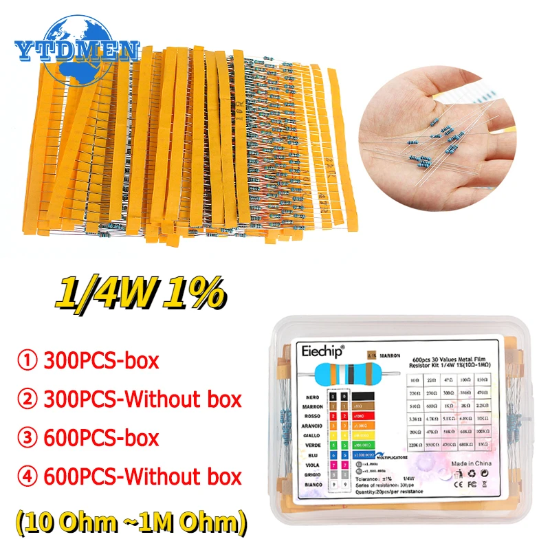 300/600pcs 30Values 1/4W Metal Film Resistor Kit 10Ohm ~1M Ohm Resistance 1% Set of Resistors
