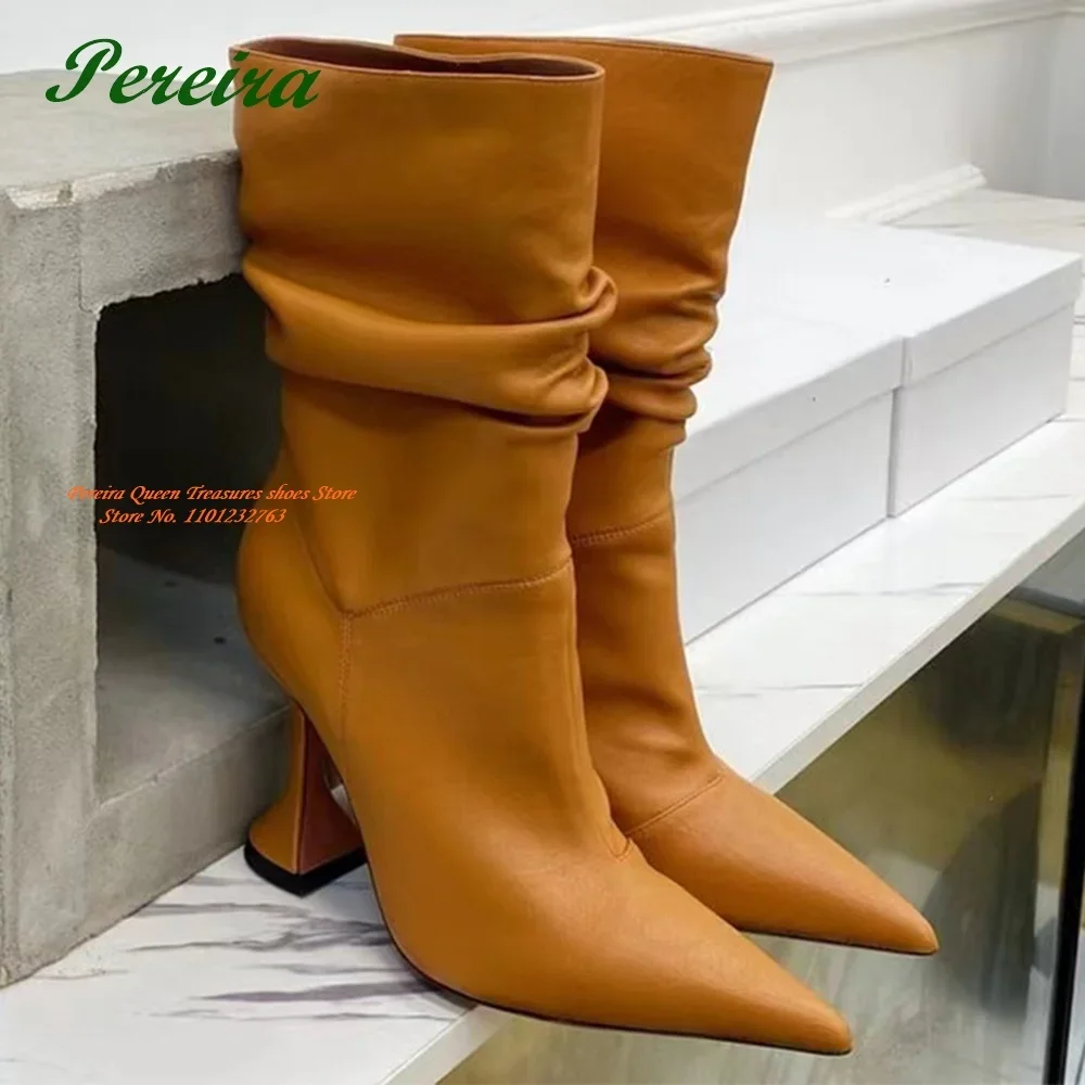 

Pleated Mid Calf Women's Boots Pointy Toe Wine Grass Slip On Boots Solid Leather 2025 New Arrival Plus Size Casual Shoes Sexy