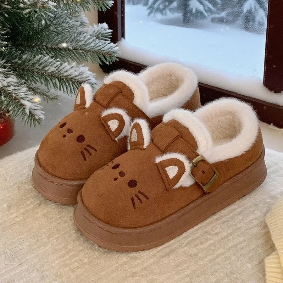 

New lolita kitty furry shoes winter flats women's warm short plush loafers woman closed back cat slip on shoes indoor outdoor