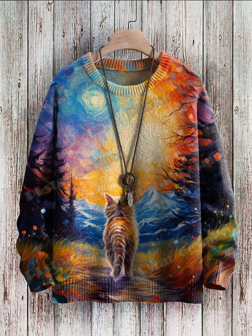 Oil Painting Cat Sunny Pattern 3D Printed Men's Crewneck Knitted Pullover Winter Unisex Casual Knit Pullover Sweater ZZM51