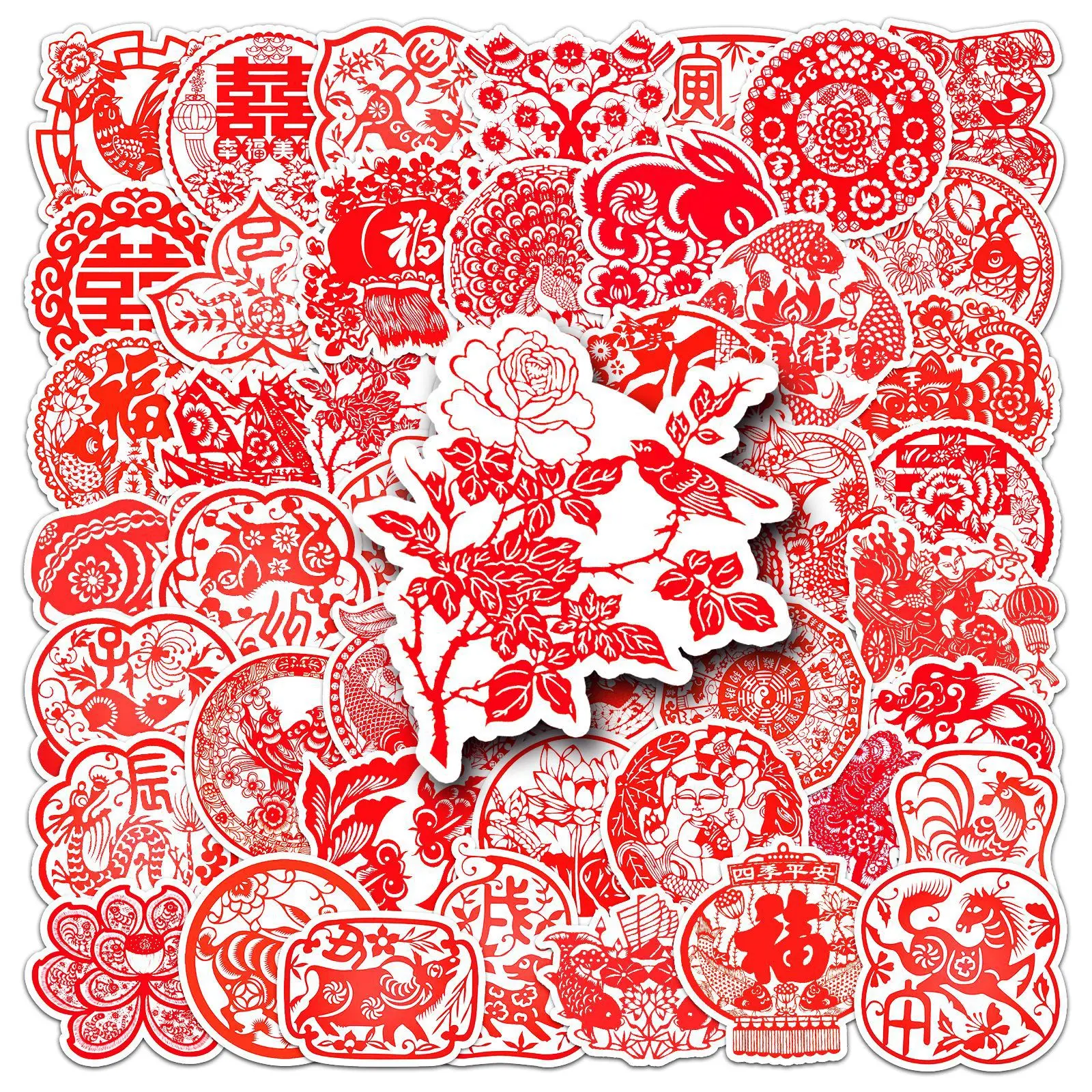 

10/30/50pcs New Year Paper-cut Creative Stickers Lucky Chinese Style Diy Hand Account Notebook Cup Material Decoration Sticker