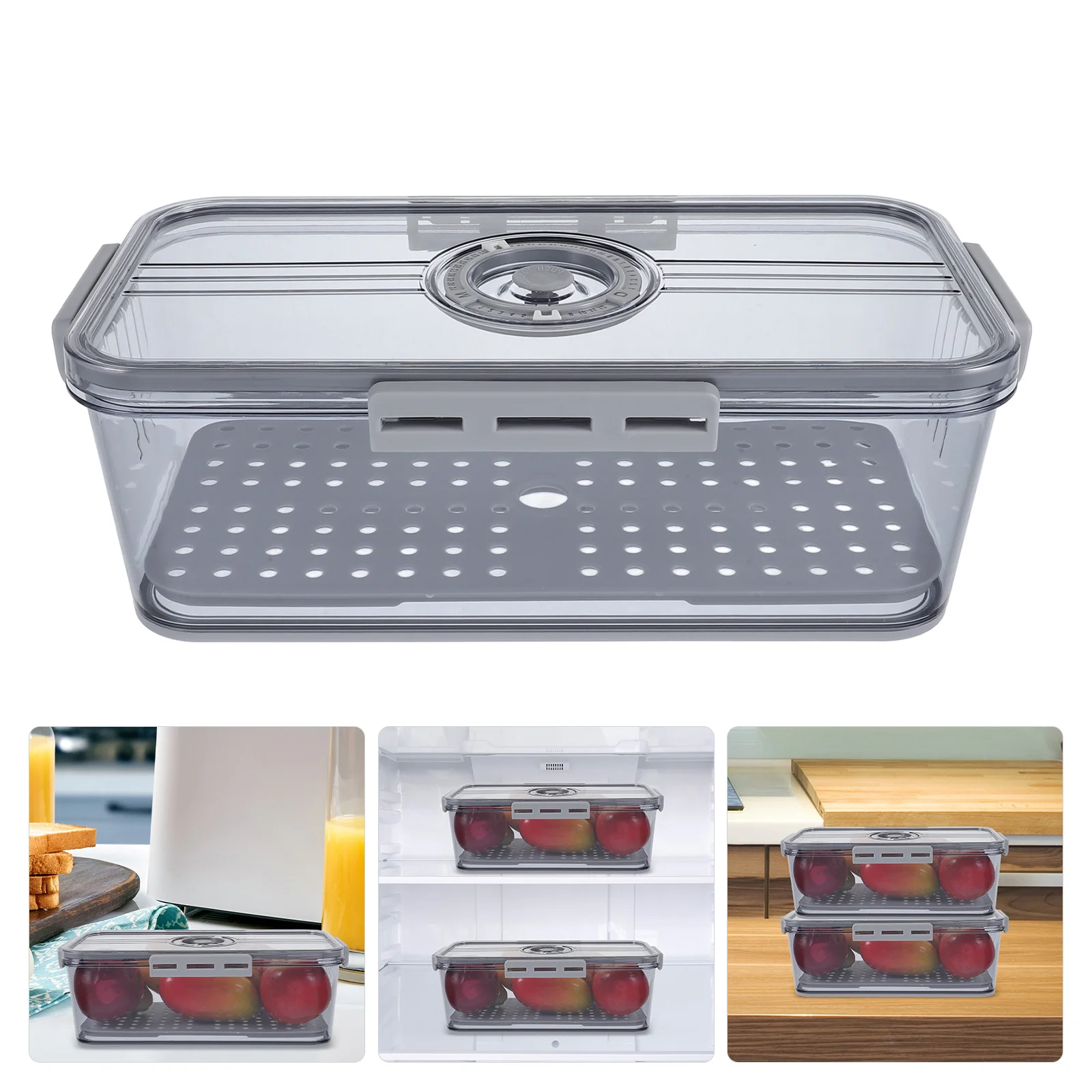 

Plastic Airtight Bread Box Refrigerator Food Storage Container Freshness Timer Lid Drain Tray Fruit Vegetable Organizer Bins