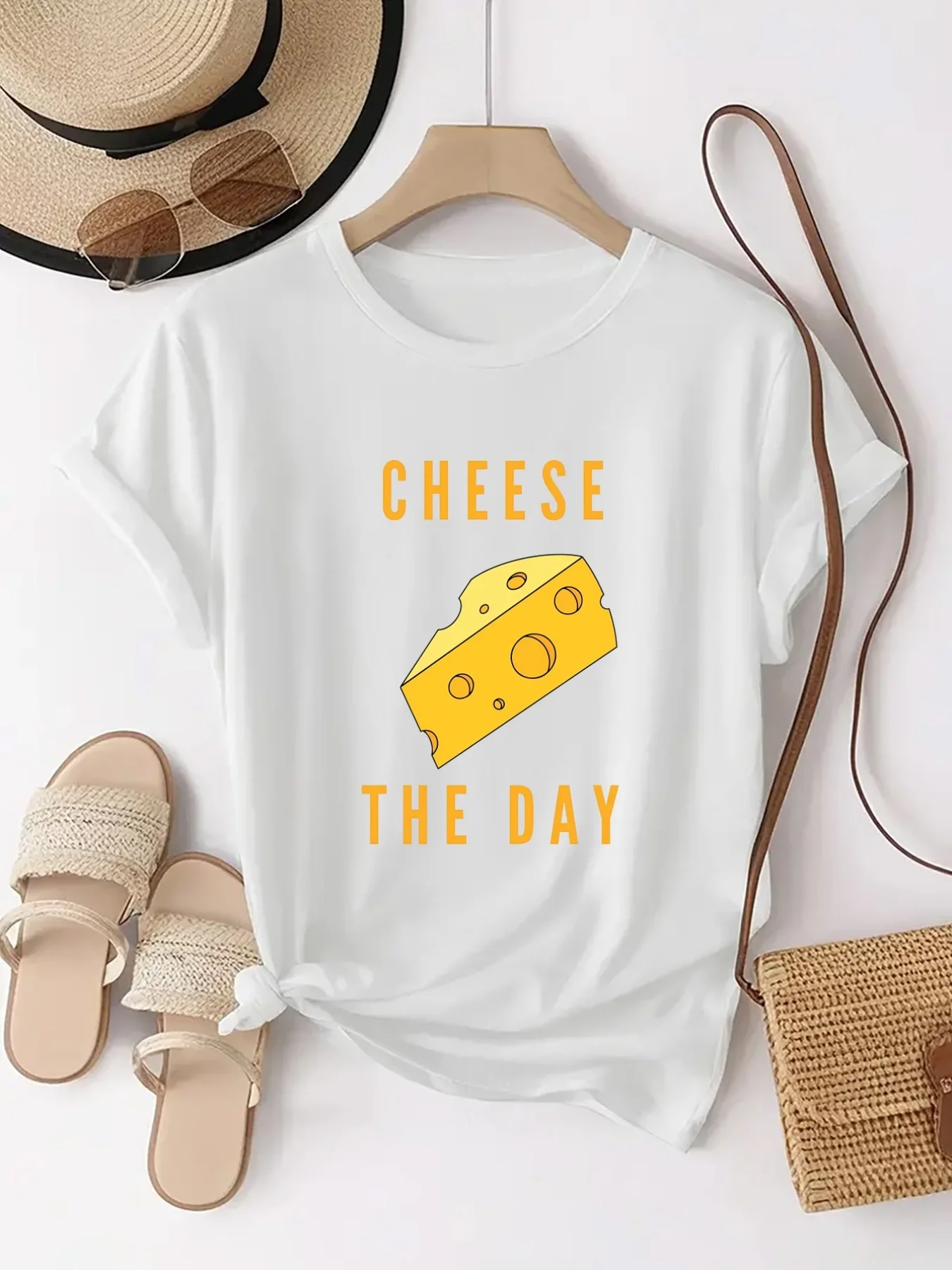 T-shirt pour femmes, manches courtes, décontracté, avec image amusante de tranches de fromage, confortable, Playeras De mujeres