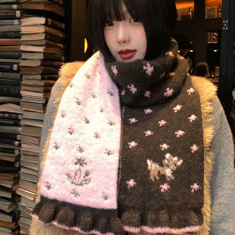 Christmas double-sided knitted scarf winter soft and sticky Korean atmosphere thick and warm woolen neck protection scarf