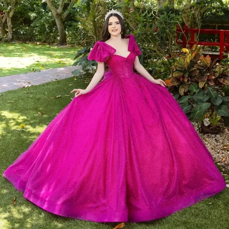 

Customized Rose Red Shiny Quinceanera Dresses Off The Shoulder Beading Pearl Tull Ball Gown Birthday Party Sweet 16 Vestidos De