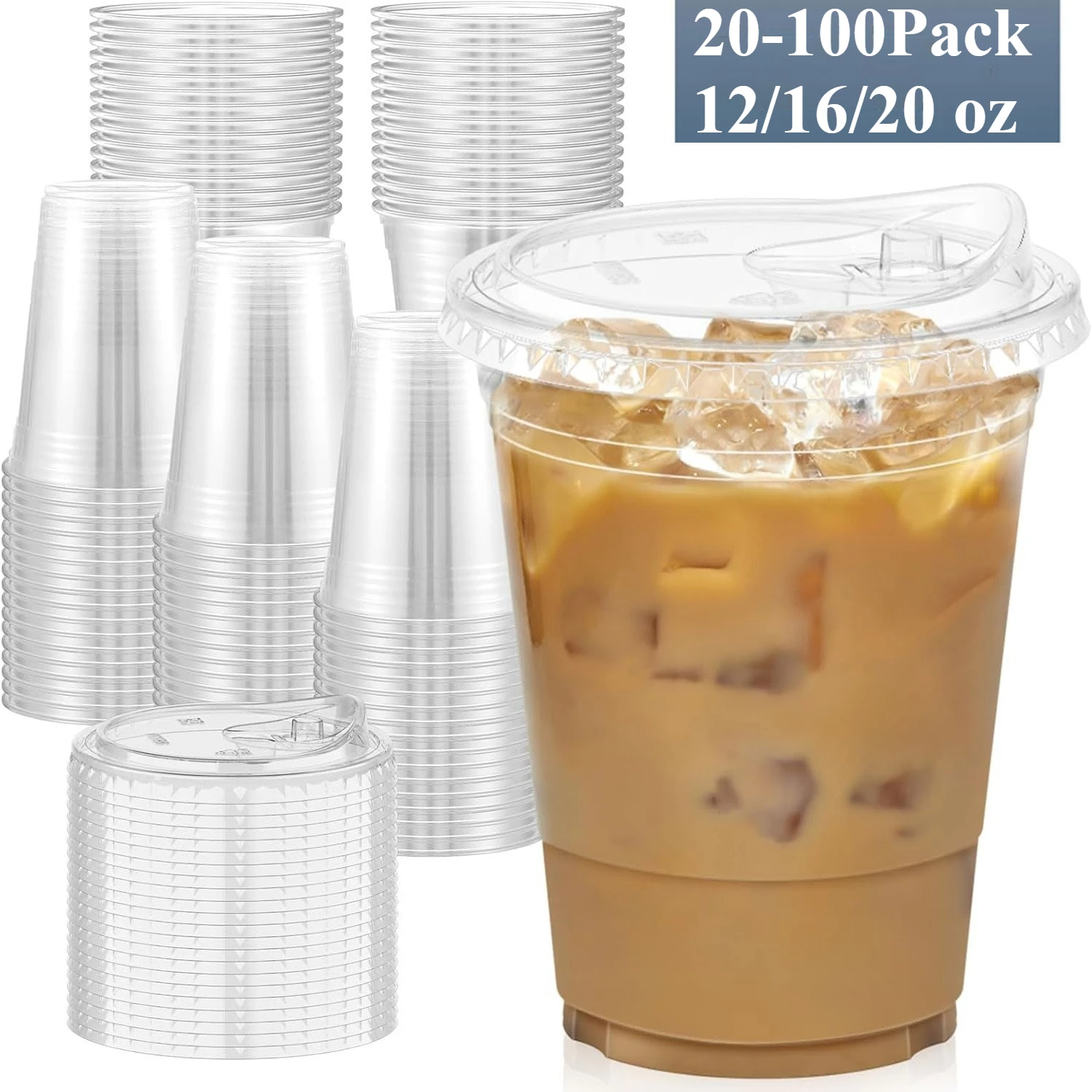 16oz/20oz Clear Plastic Cups with Lids Sturdy Iced Coffee Cups with Sip Lids Disposable Plastic Smoothie Cups for Cold Drinks