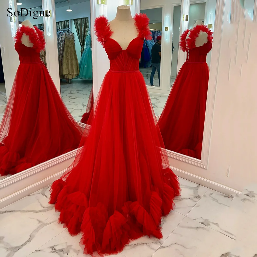 

SoDigne Elegant Red Tulle A-Line Evening Dresses Backless Sleeveless Party Dress Ruched Floor-Length Prom Gowns Customized