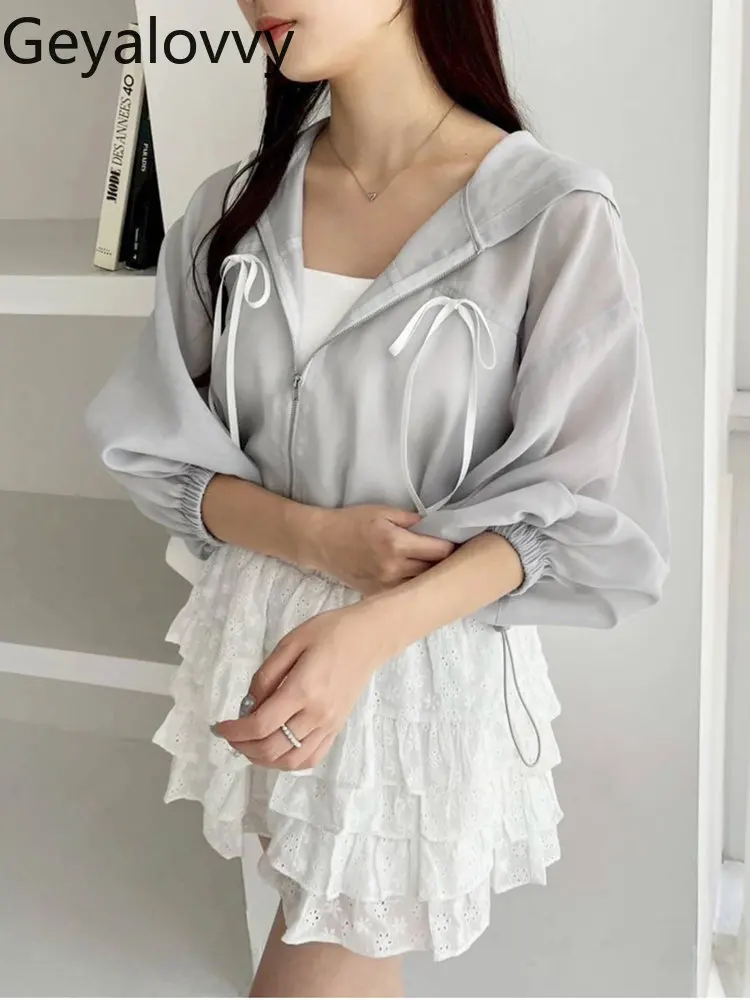 

Japanese Summer New Sweet Casual Perspective Bow Strap Hooded Zipper Sunscreen Jacket Versatile Solid Color Short Shirt