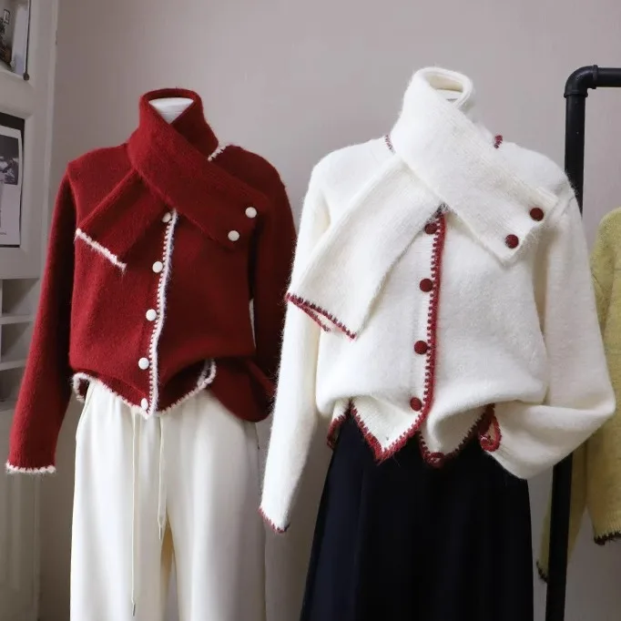 

Retro Color Blo Scarf Ne Knitwear Coat Women's Loose Casual Sle Faionable Open Cardigan Top for Autumn Winter