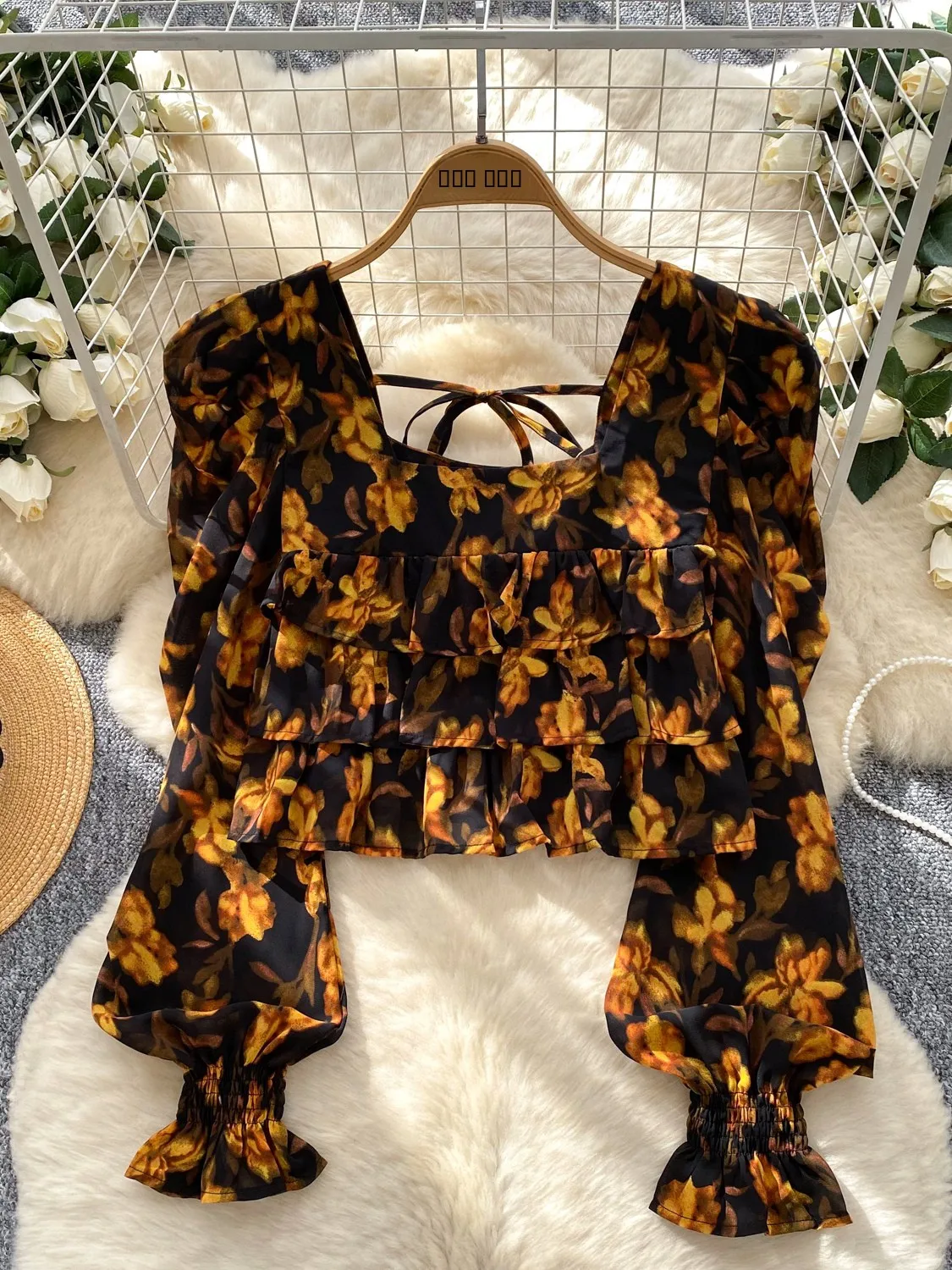 

Retro Square Collar Bubble Sve Floral irt Women's Faionable Versatile Light Maturi Sle Top Korean Loose Fit Polyes...