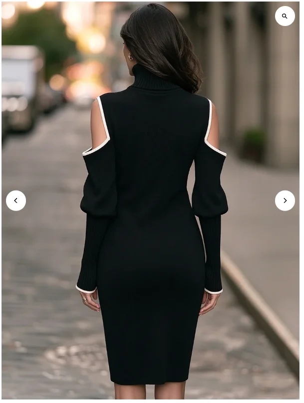 Customized Women Turtleneck Knit Midi Dress Cold Shoulder Long Sleeve Contrast Trim Bodycon Party Dress
