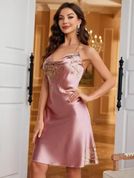 Hot style Women's Cherry Print Nightdress Casual sexy ladies silk pajamas slip dress for All Seasons