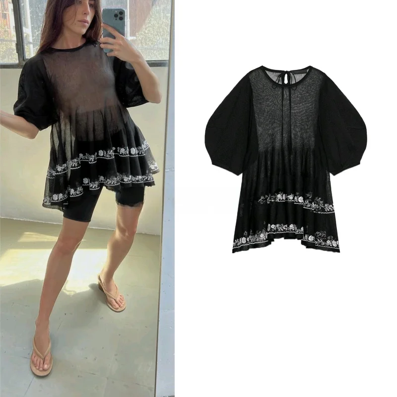 

Summer New Arrival Women's Embroidered Short Sleeve Long Shirt Comfortable Breathable Contrast Color Stitching Top 0014013