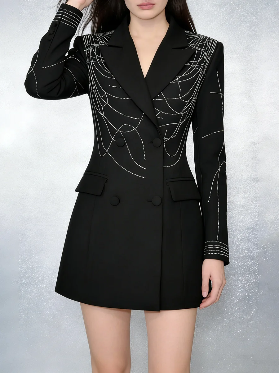 TWOTWINSTYLE Black Sequins Beading Accent Blazer for Women Notched Collar Long Sleeve Double Breasted Design for Office Commute
