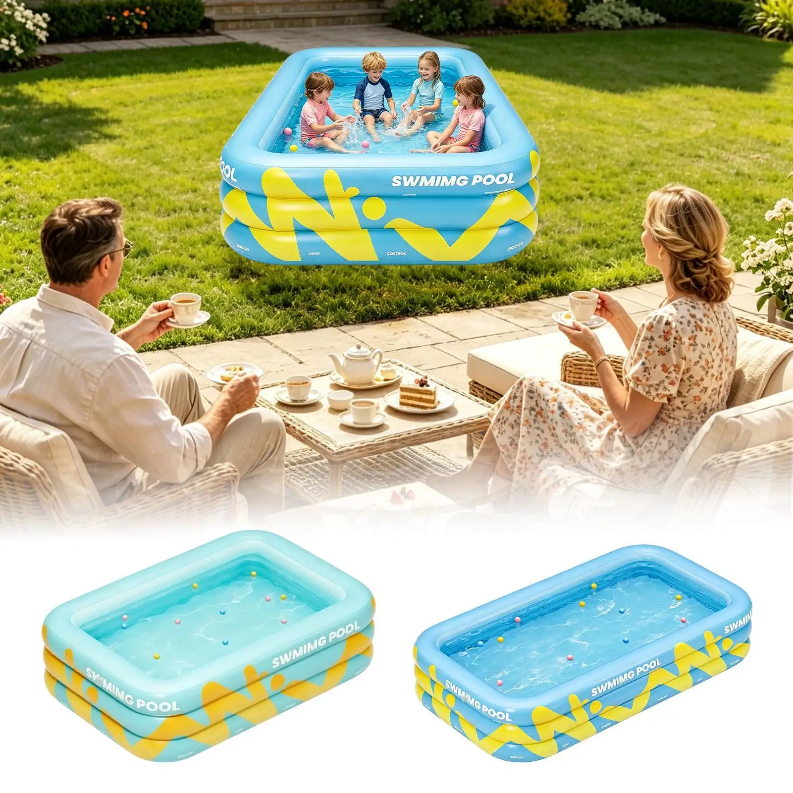 Aufblasbarer Pool 210x145x56cm, tragbares großes Bällebad, Kinder-Schwimmbecken für Sommer, Terrasse, Garten, Rasen, Park, Party